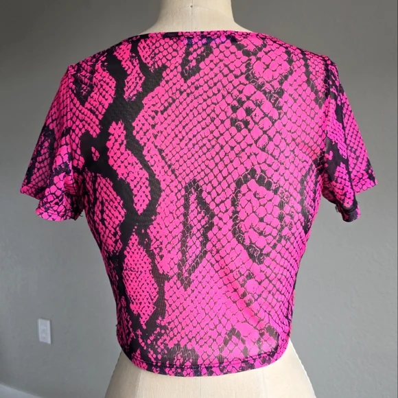Dolls Kill Sugar Queen Seductress Mesh Crop Top Short Sleeve Pink Snake Print - Picture 2 of 7